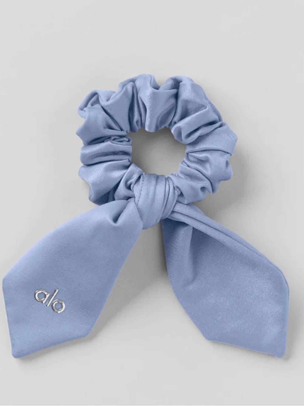 ALO Yoga Pale Blue Bow Scrunchie with Logo Tail